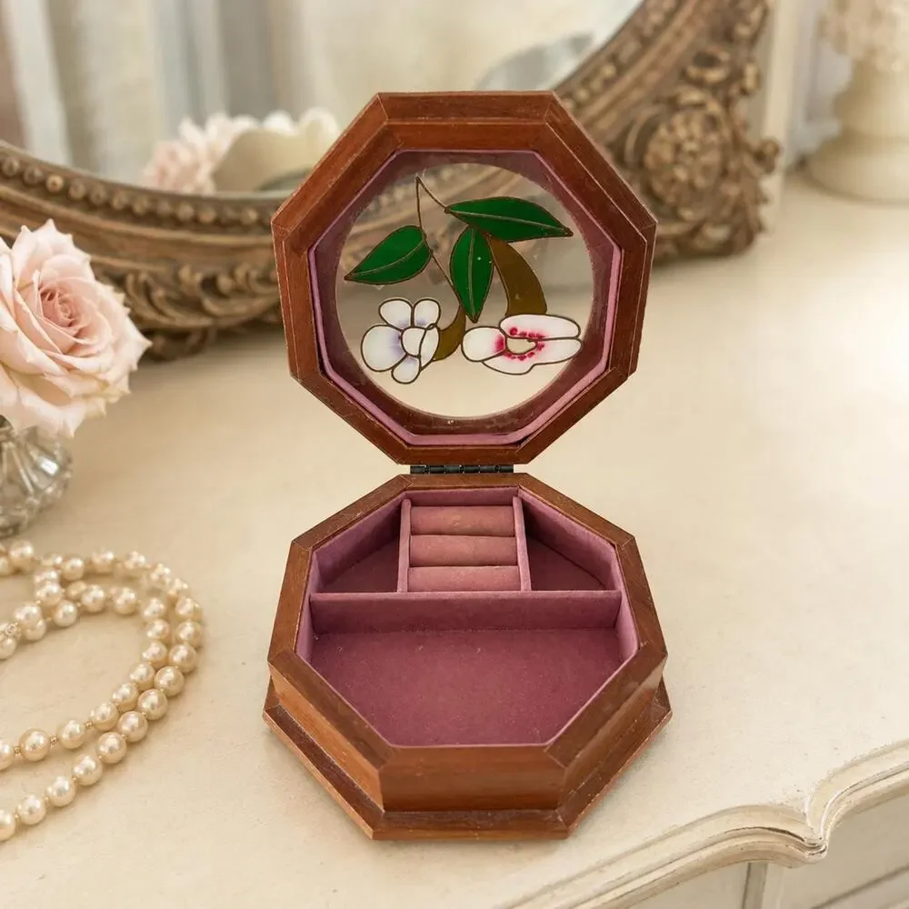 Vintage Octagonal Wood Jewelry Ring Box Hand Painted Floral Glass Lid Pink